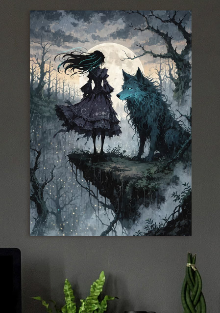 Gothic Girl and Wolf Under Moon — metal poster wall art by Lineer